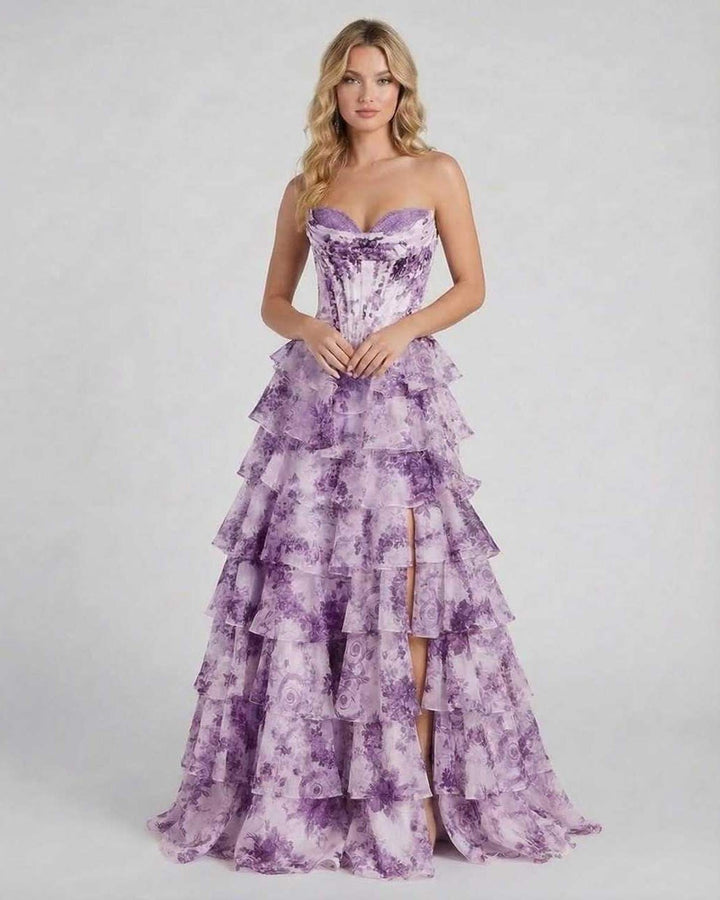 Vestido largo formal amatista con flores para mujer, ideal para graduación, boda o fiesta elegante.