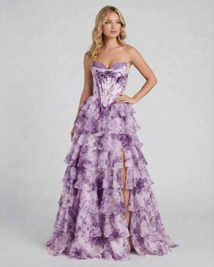 Vestido maxi de noche amatista floral para mujer, corte elegante, ideal para fiesta o boda.