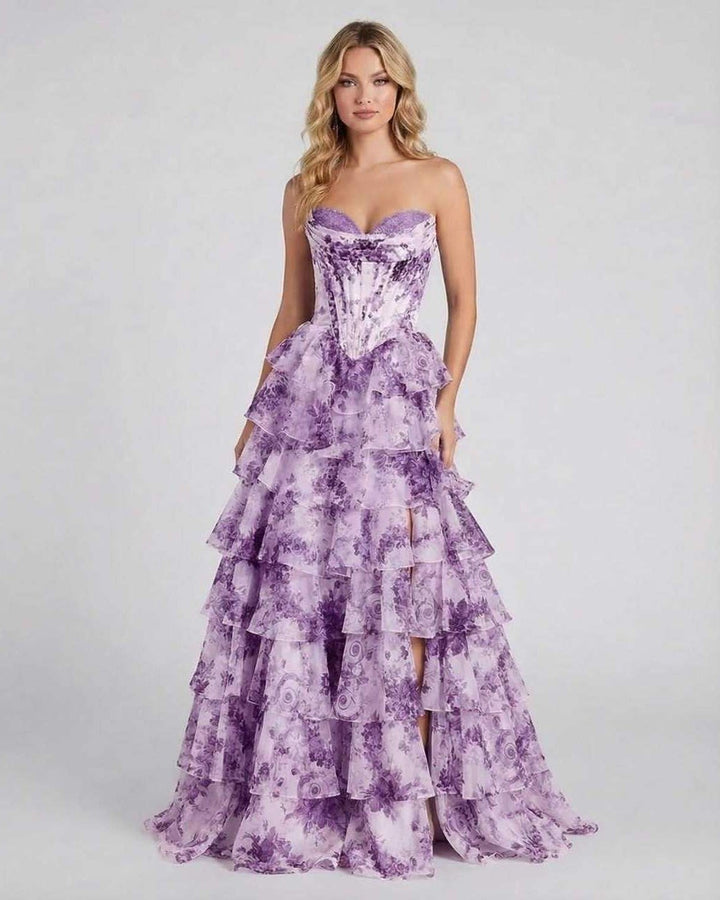 Vestido maxi amatista floral elegante sin tirantes para mujer, ideal para fiestas de noche o bodas.