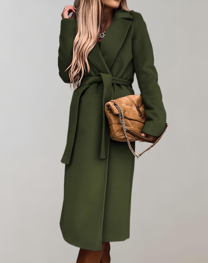 Abrigo largo para mujer, con cinturón ajustable, ideal para moda de otoño. Estilo casual elegante.