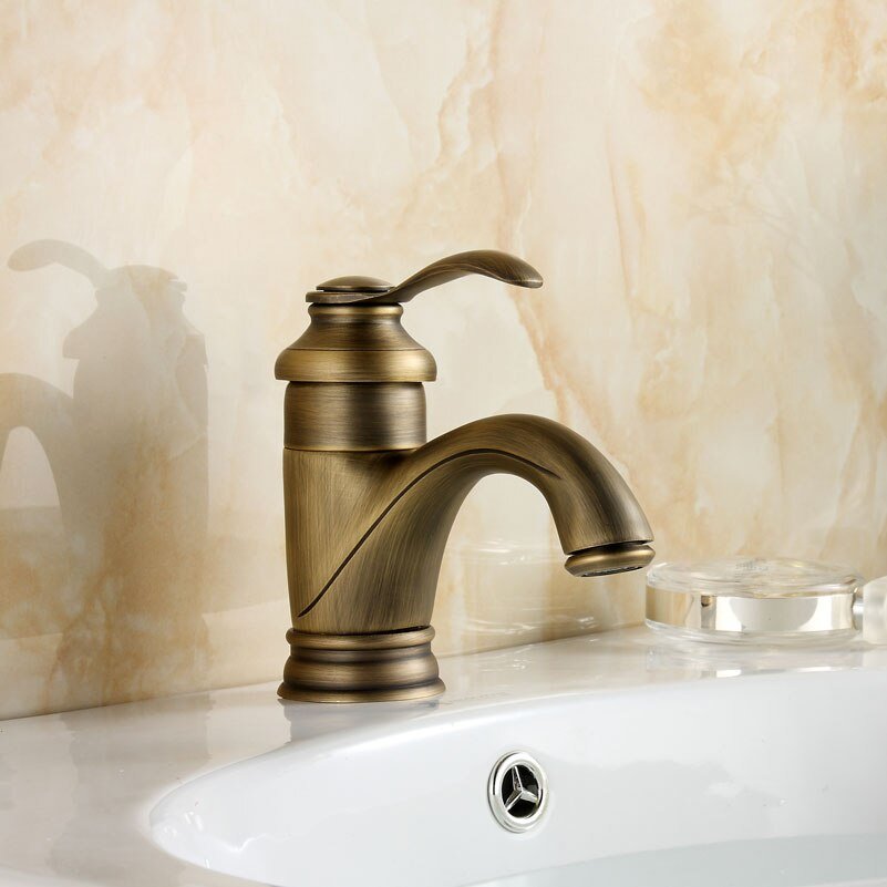 Grifo mezclador de baño estilo vintage para lavabo, acabado latón macizo, ideal para baño antiguo.