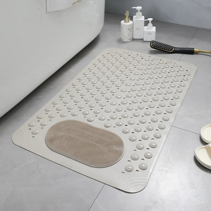 Alfombrilla antideslizante para ducha con sistema integrado de exfoliación de pies, comodidad y seguridad.