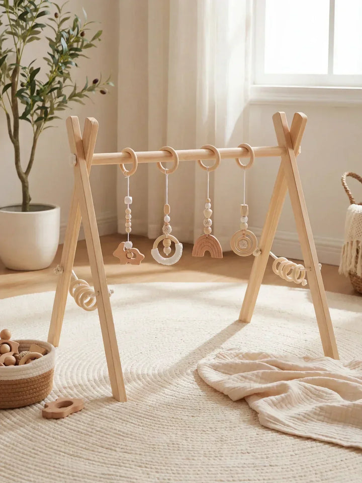 Gimnasio sensorial de madera natural para bebés. Juguete seguro que estimula el desarrollo y la motricidad fina.