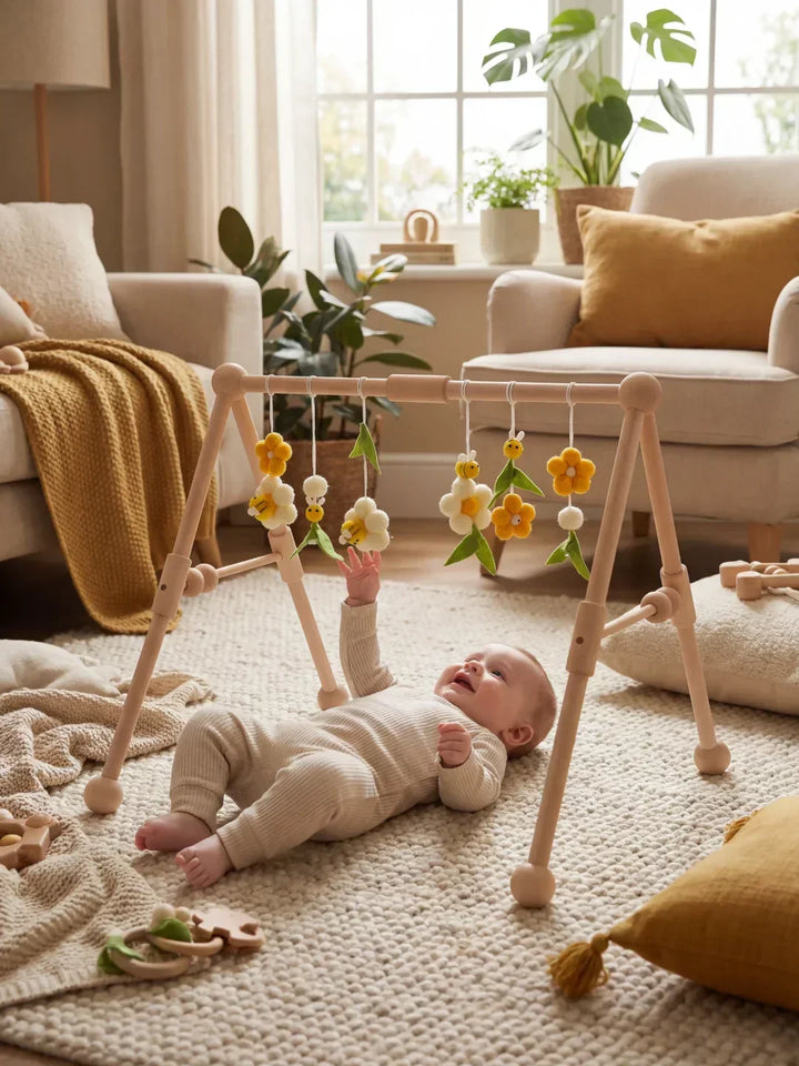 Arco de juegos de madera resistente para bebés, centro de actividades sensoriales y desarrollo infantil.
