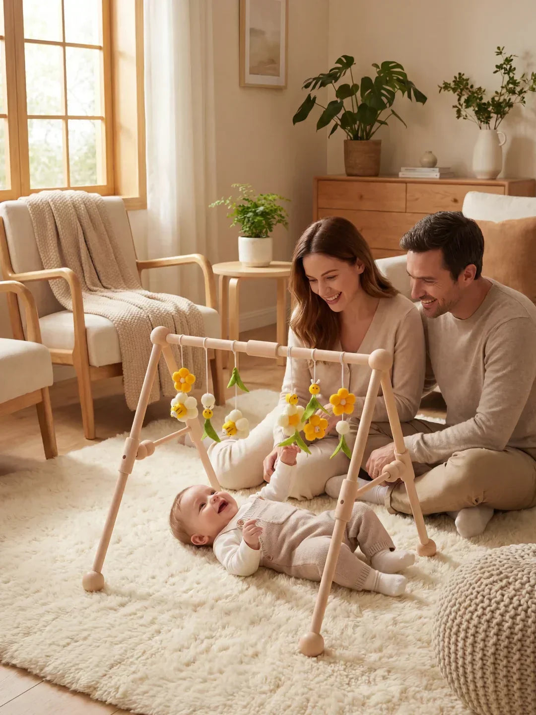 Regalo ideal: arco de juegos de madera maciza para bebés, estimula los sentidos y la curiosidad infantil.