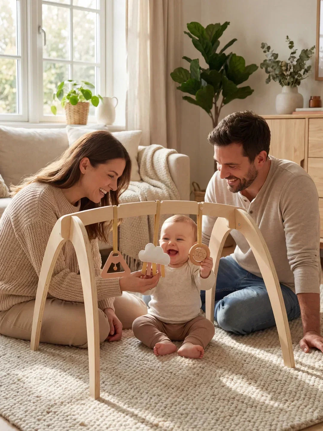 Arco de juego de madera, perfecto como regalo para bebé, con juguetes colgantes sensoriales.