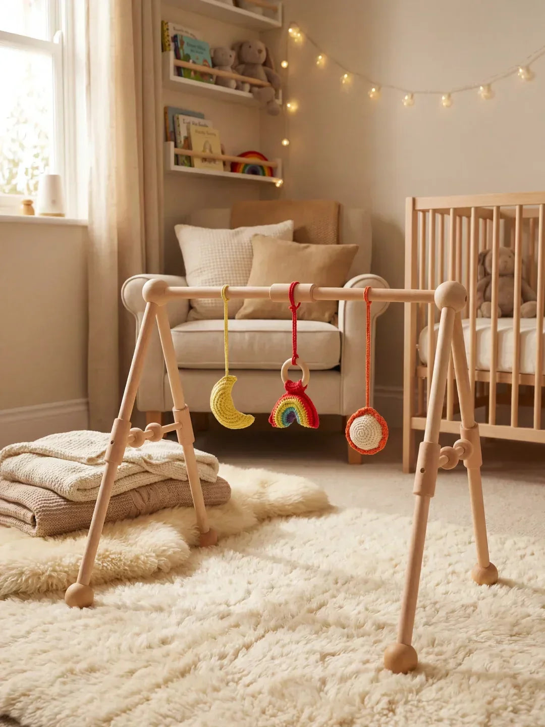 Gimnasio de actividades de madera natural para bebés, promueve la estimulación temprana y juego seguro.