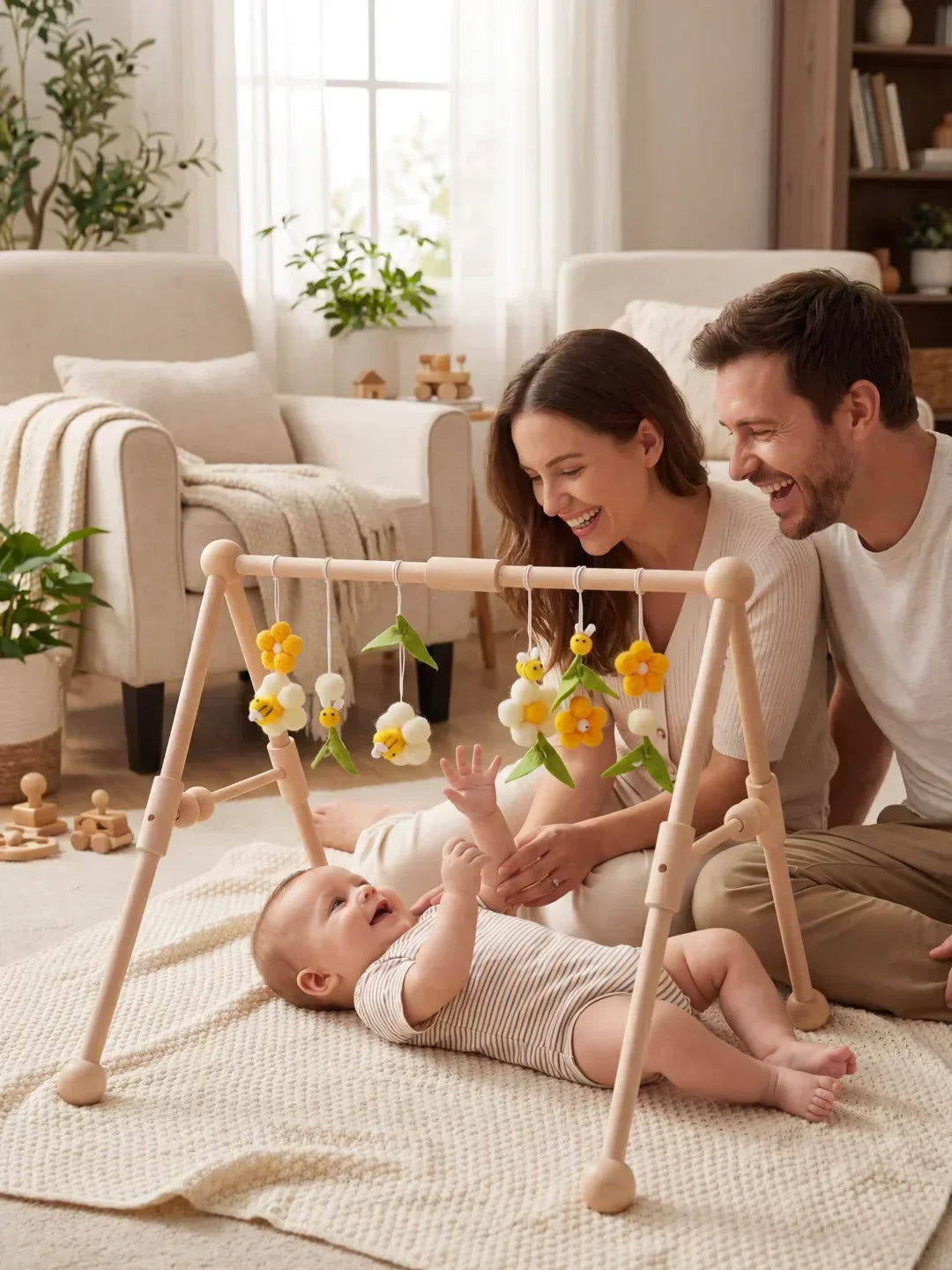 Centro de actividades sensoriales de madera para bebés, gimnasio seguro para horas de juego educativo.