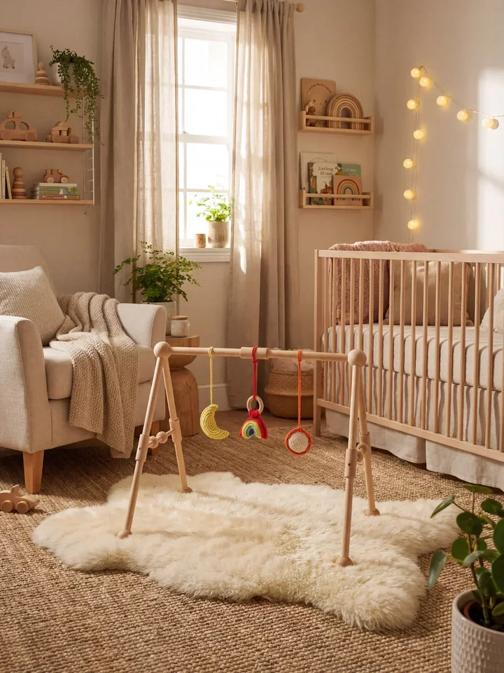 Gimnasio de madera para bebés, centro de actividades con juguetes sensoriales variados para su desarrollo.