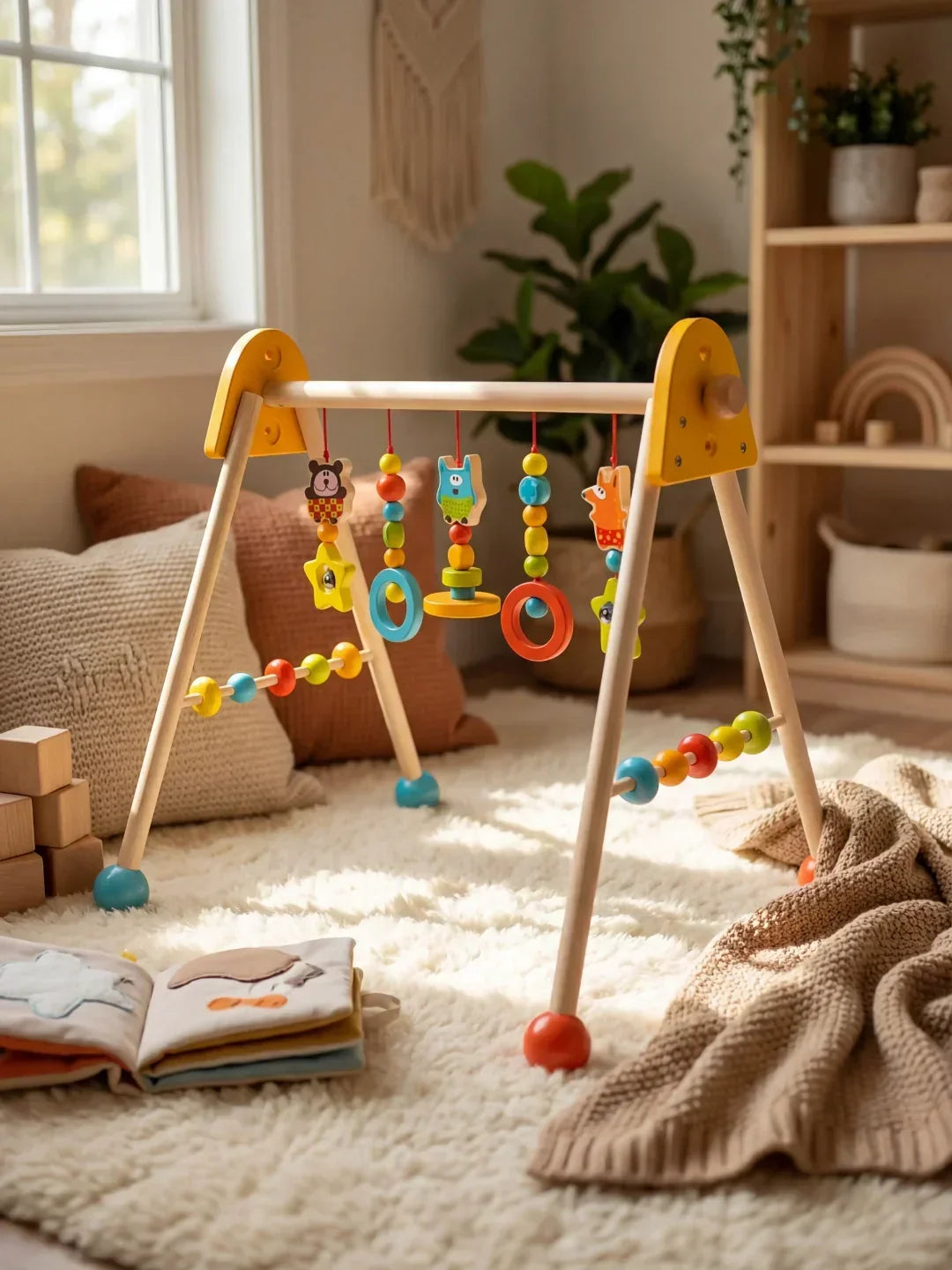 Colgantes coloridos de madera y tela en arco de juego sensorial; ideales para el agarre y la exploración del bebé.