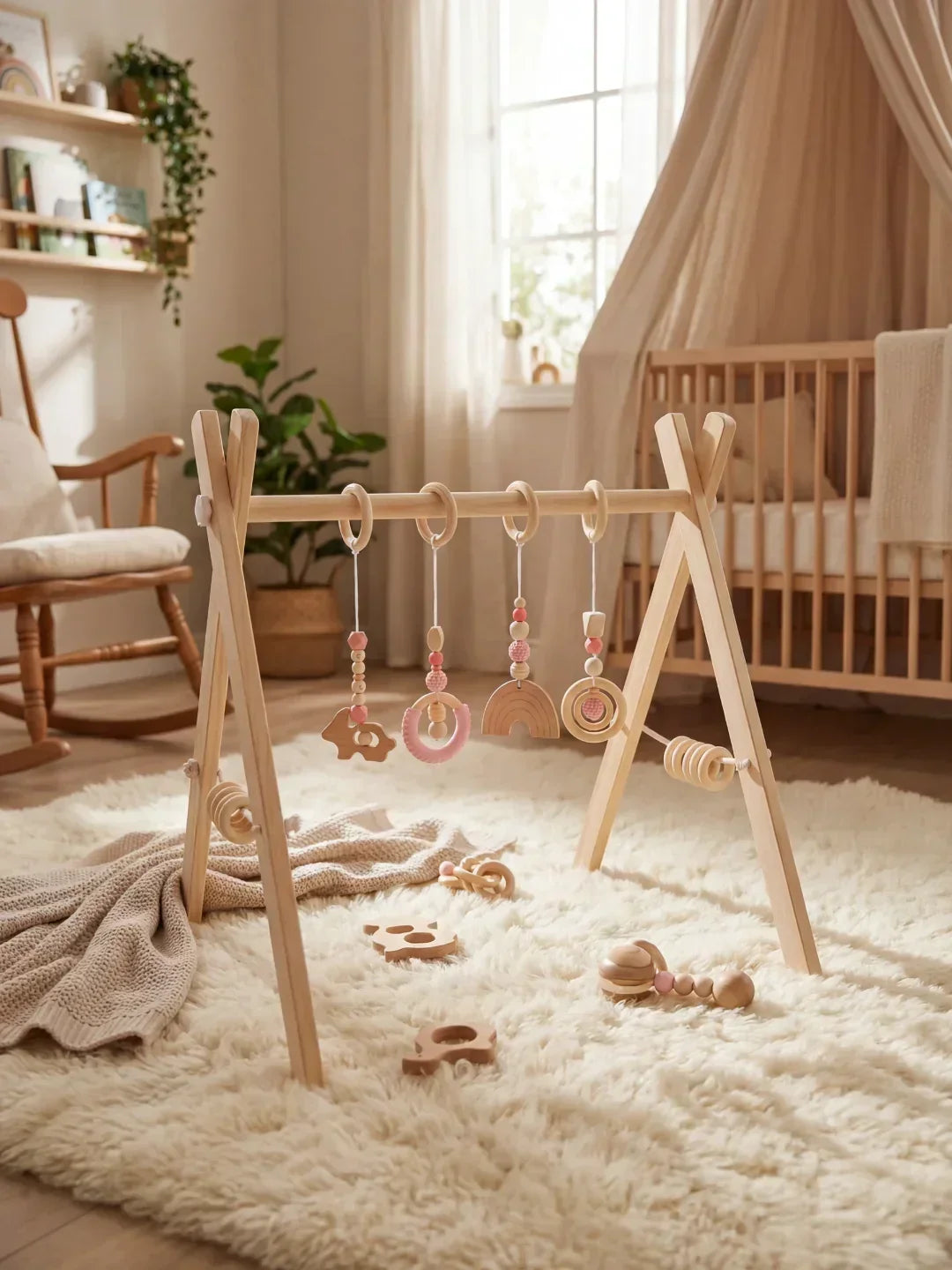 Arco de actividades de madera resistente, ideal para bebés. Juguete seguro y duradero para estimulación temprana.