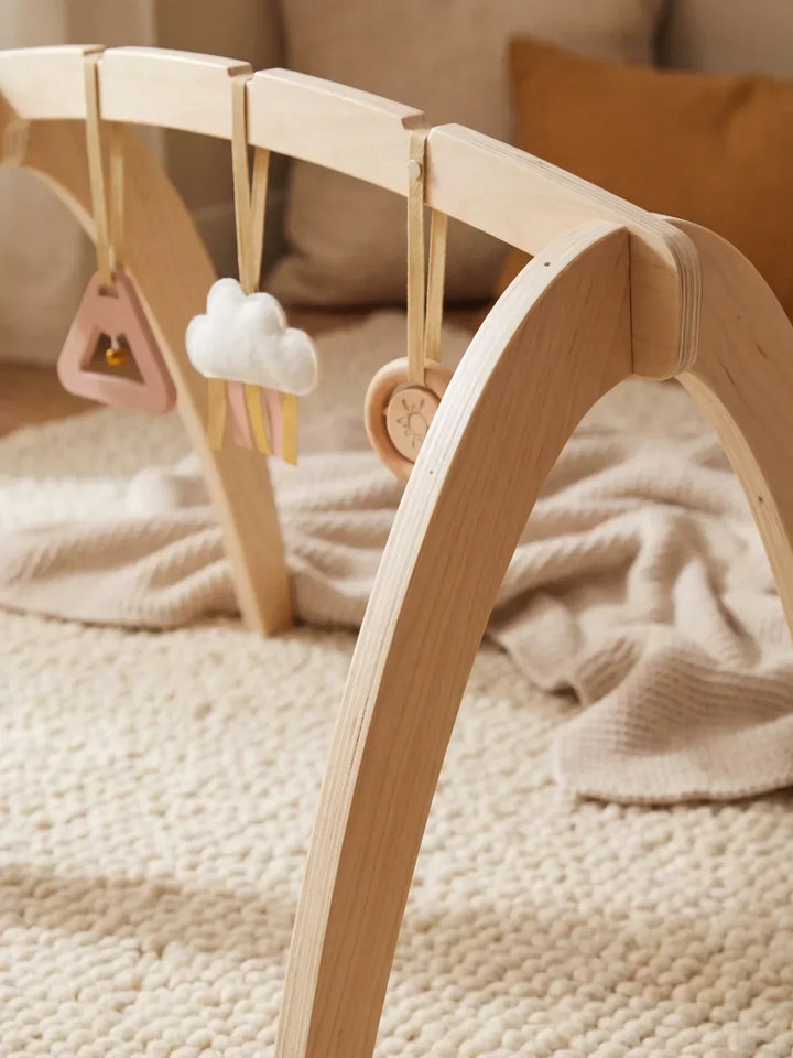 Arco de juego de madera para bebés, estimulación táctil y visual con juguetes colgantes.
