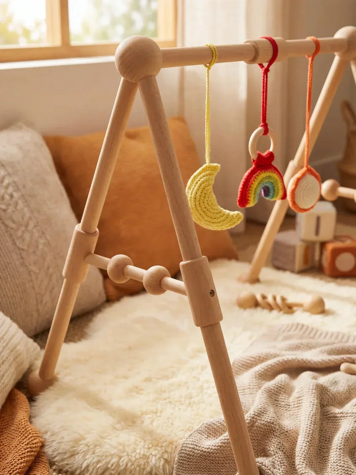 Juguete educativo de madera para bebés, arco sensorial que incentiva el alcance y agarre.