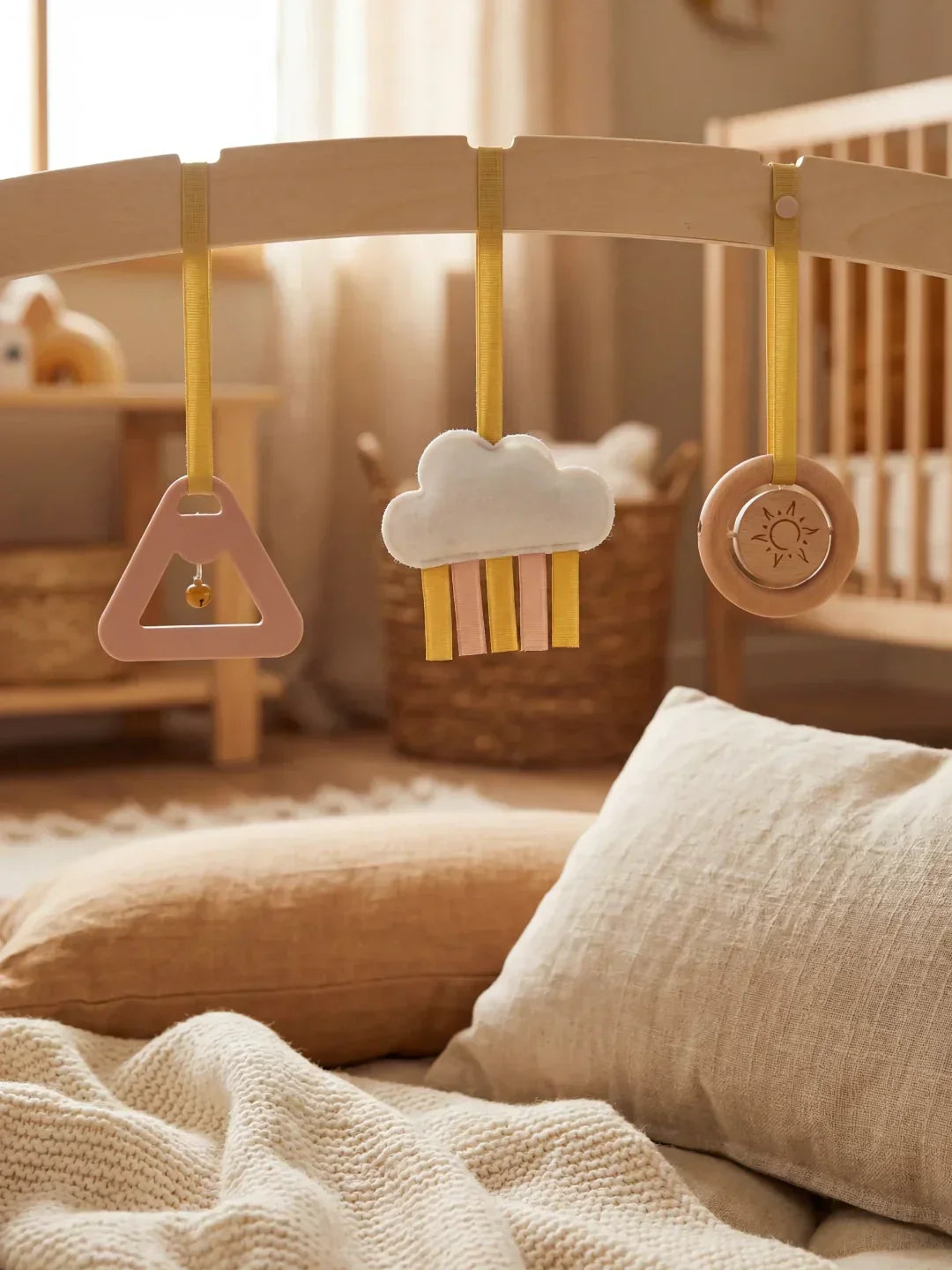 Arco de juego de madera, ideal para el desarrollo sensorial y motor del bebé, con juguetes.