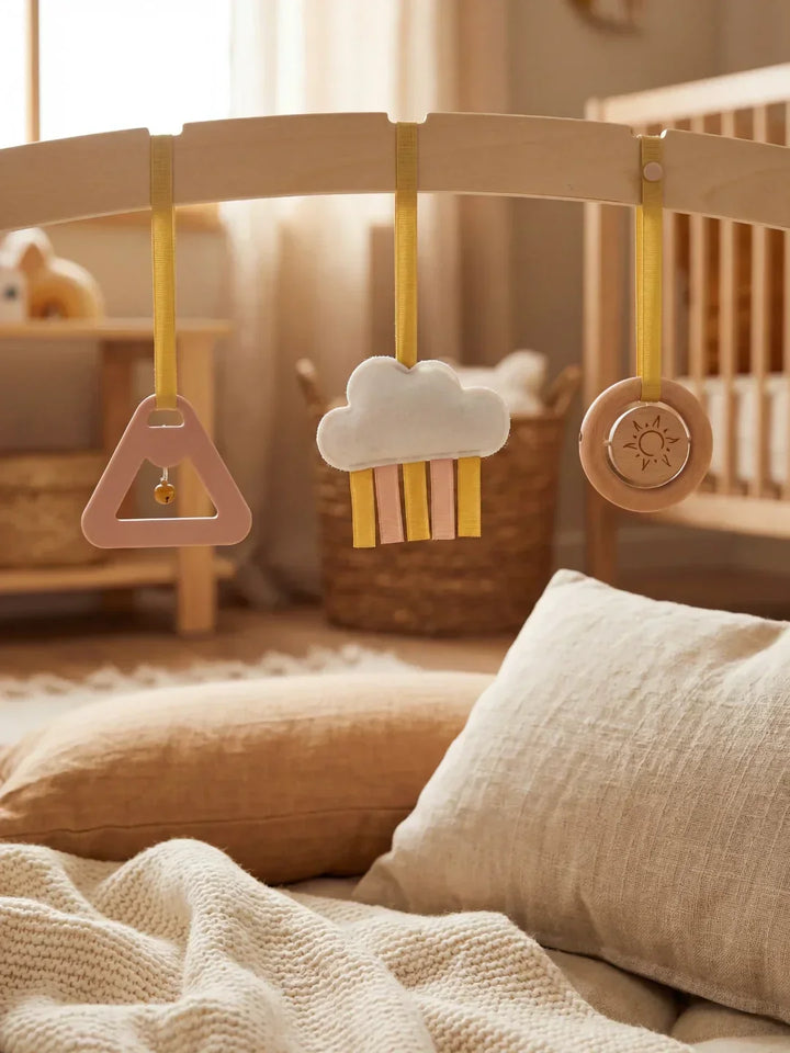 Arco de juego de madera, ideal para el desarrollo sensorial y motor del bebé, con juguetes.