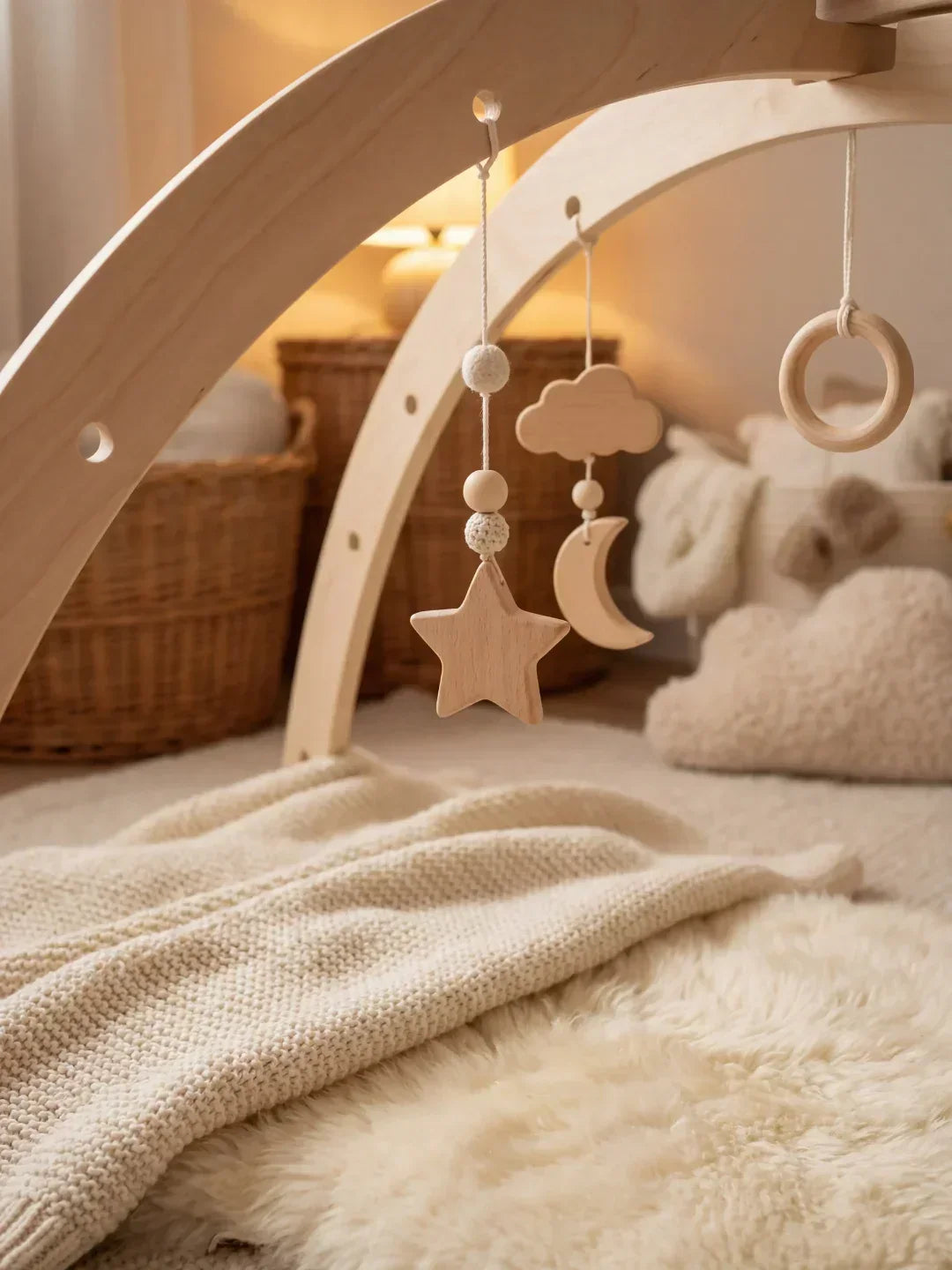 Gimnasio de bebé de madera con motivos de luna y estrellas. Promueve la estimulación temprana y el juego interactivo.