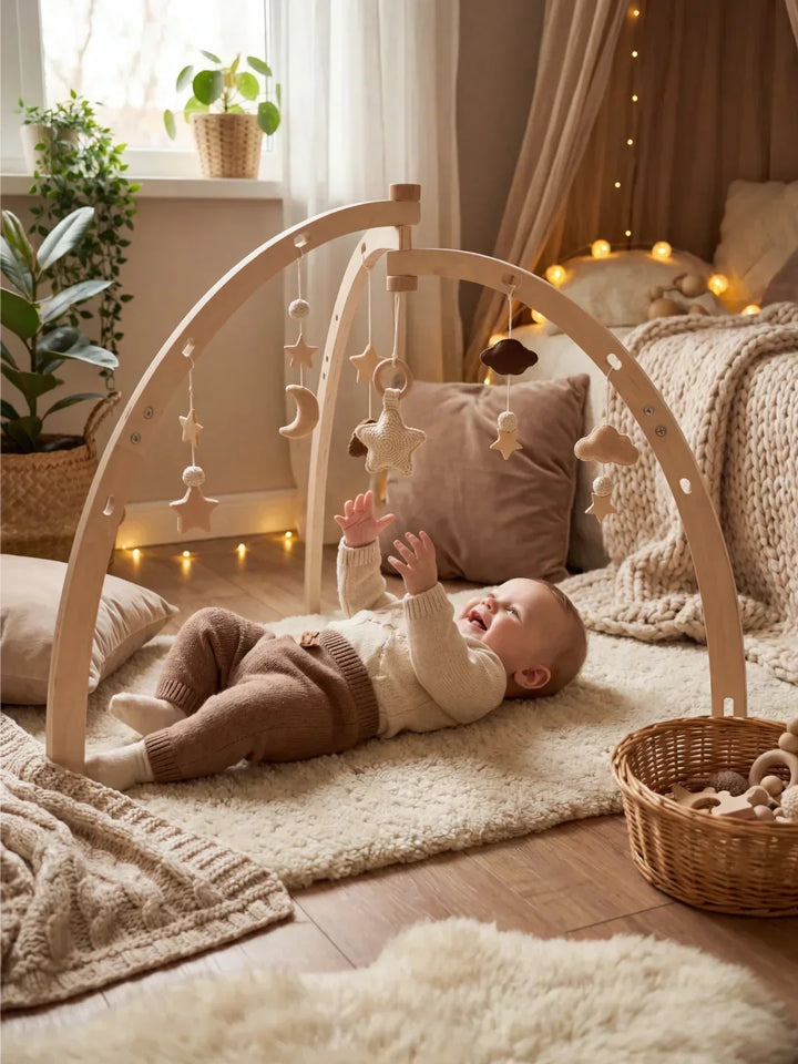 Arco de actividades de madera para bebés con diseño de luna y estrellas. Gimnasio infantil para estimulación temprana.