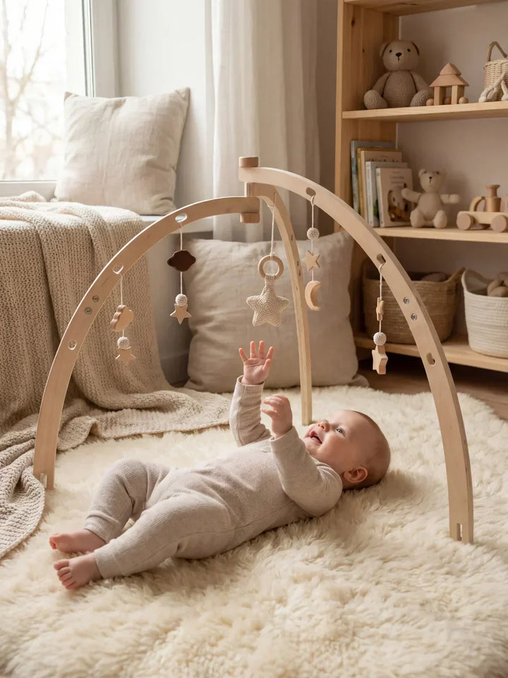Gimnasio de actividades para bebés. Juguete de madera seguro con colgantes de luna y estrellas para el desarrollo infantil.