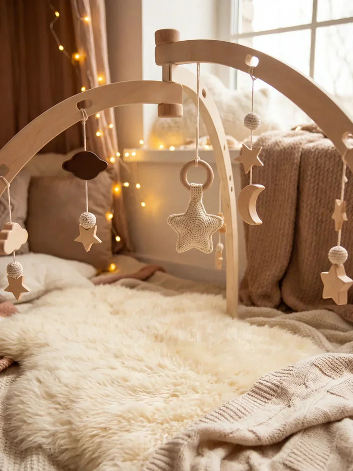 Juguete sensorial para bebés: arco de actividades de madera, seguro y ecológico, con colgantes de luna y estrellas.