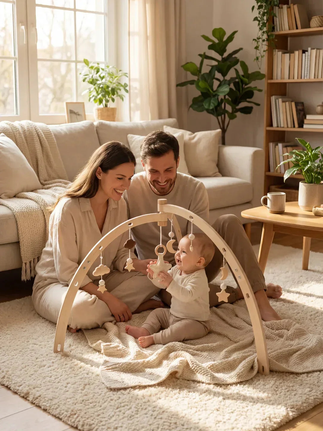 Juguete de madera educativo: arco de actividades con diseño de luna y estrellas. Ideal para bebés y estimulación sensorial.