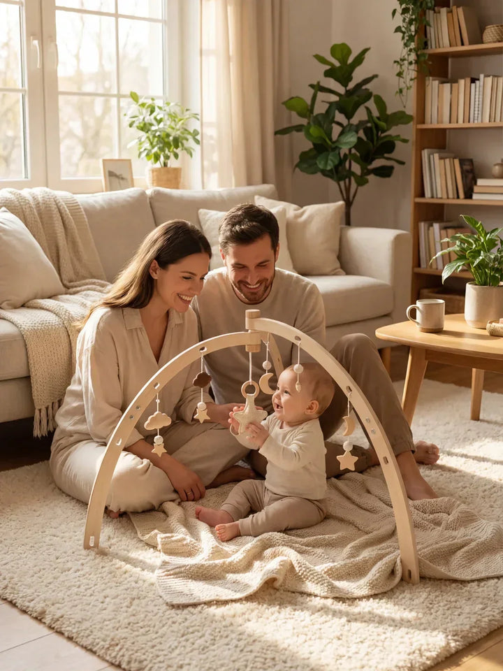 Juguete de madera educativo: arco de actividades con diseño de luna y estrellas. Ideal para bebés y estimulación sensorial.