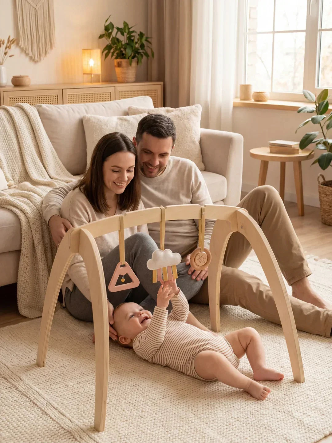 Arco de madera para recién nacidos, con juguetes colgantes que fomentan desarrollo motor.