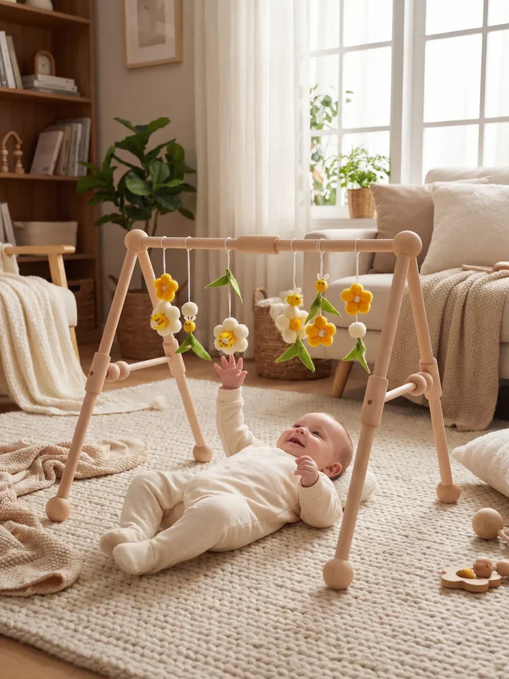 Bebé interactuando con arco de juegos de madera, estimulación temprana y diversión segura en casa.