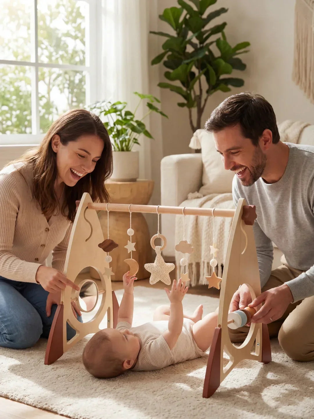 Arco de juegos de madera para bebés. Cohete y estrellas de diseño. Juguete sensorial para desarrollo infantil.