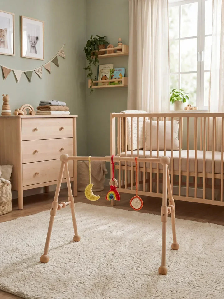 Arco de juegos de madera para la cuna del bebé, juguete sensorial que ofrece estimulación temprana.