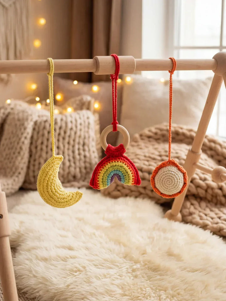 Arco de juegos de madera artesanal para bebés, promueve el juego seguro y el desarrollo sensorial.