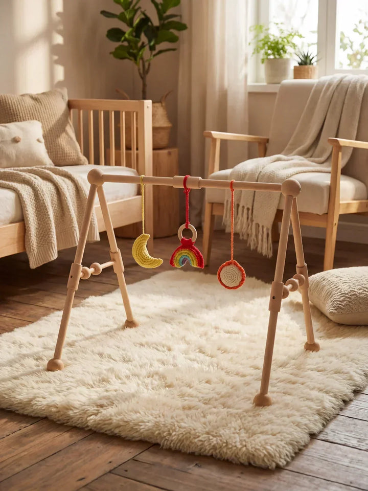 Desarrollo infantil: arco de juegos de madera para bebés, gimnasio sensorial que fortalece habilidades motoras.