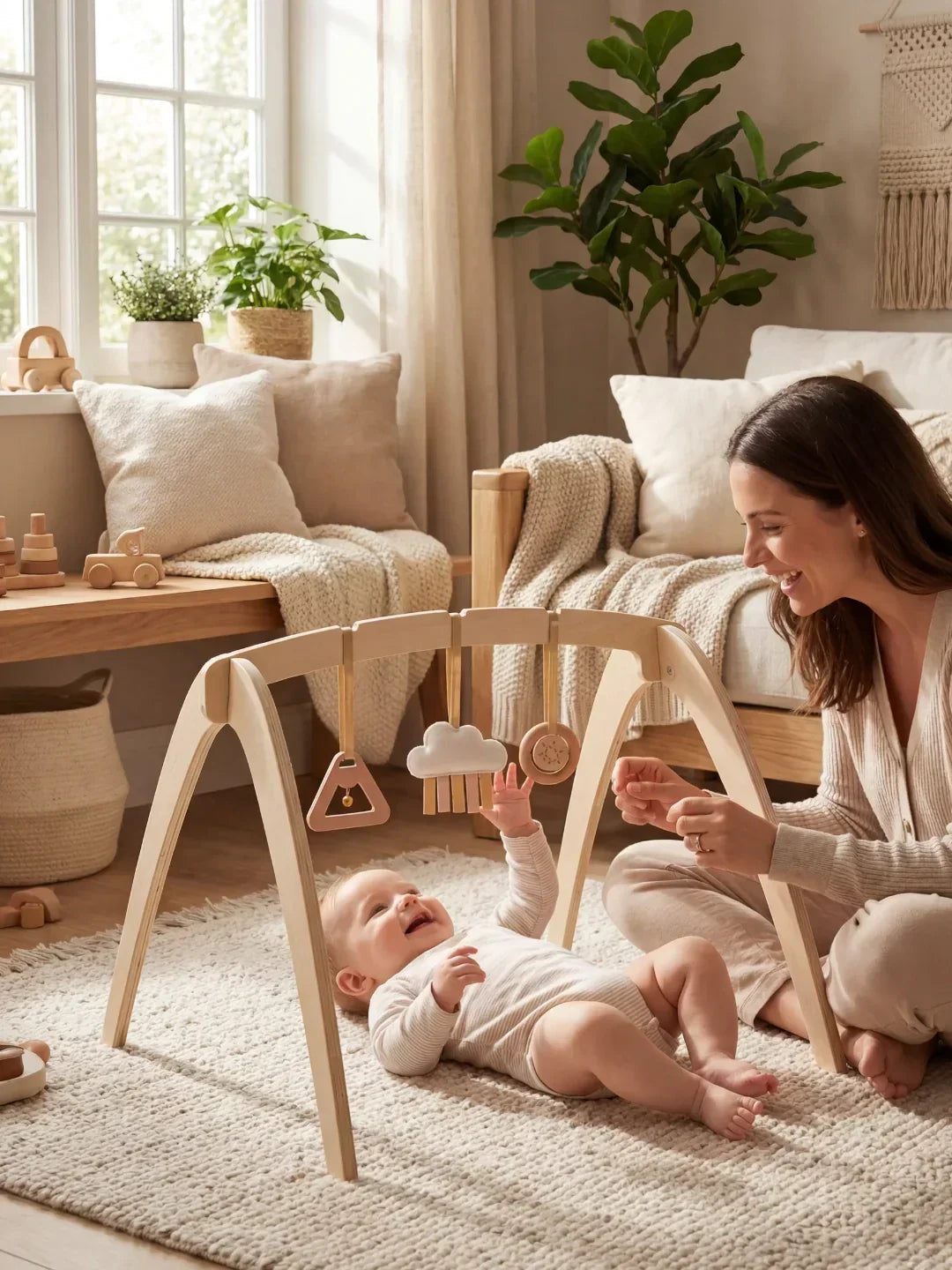 Arco de actividad infantil de madera natural, con juguetes sensoriales colgantes para el bebé.