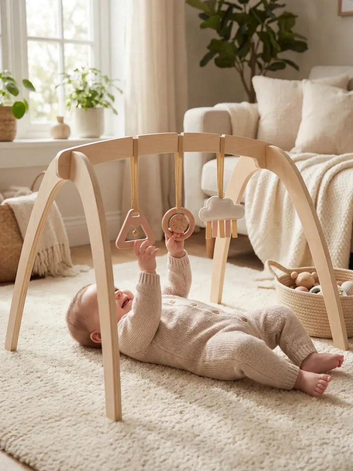 Arco de juego sensorial de madera para bebés con juguetes colgantes.