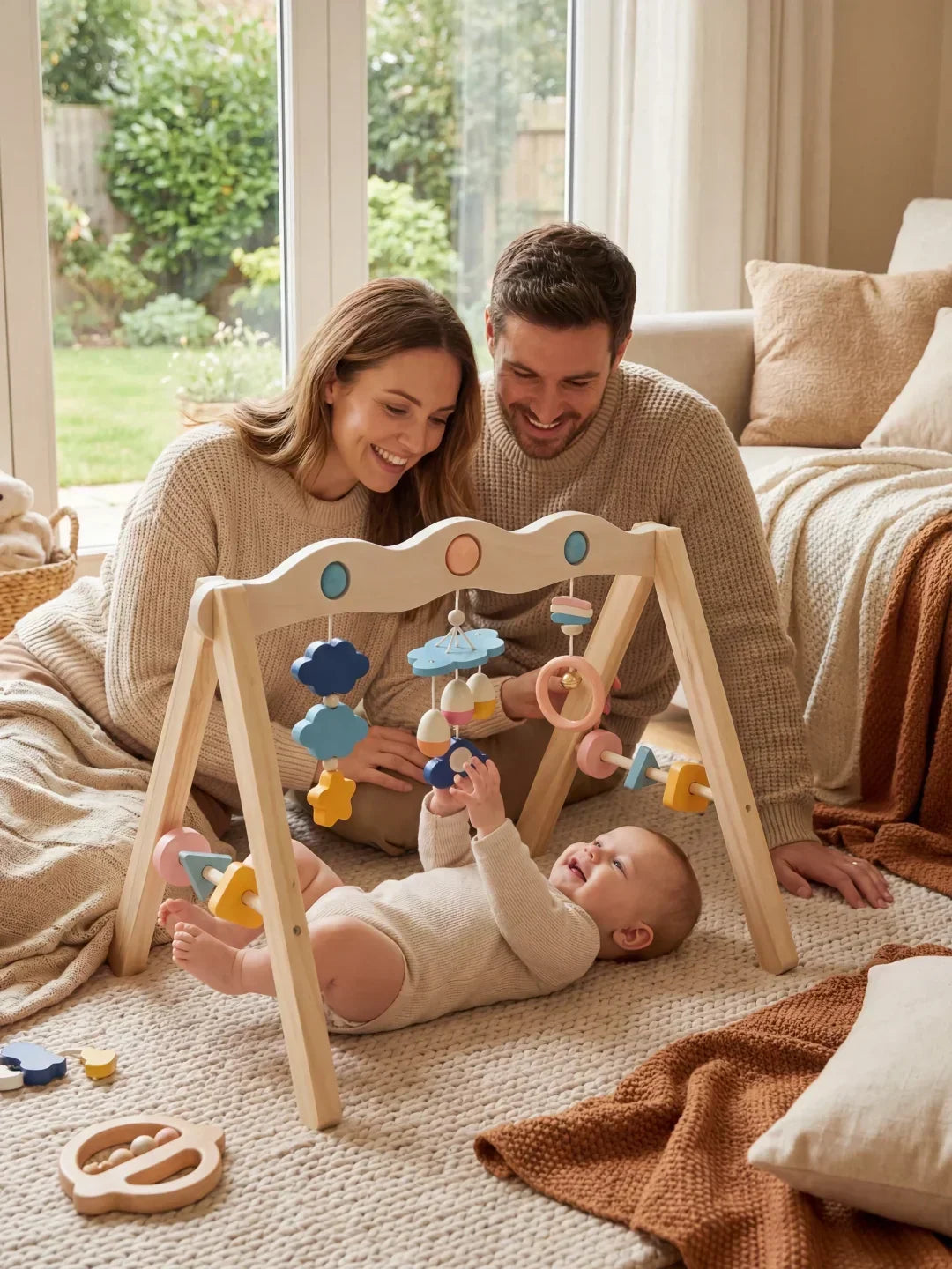 Gimnasio sensorial de madera natural para bebés. Arco de actividades multicolor para horas de juego seguro.