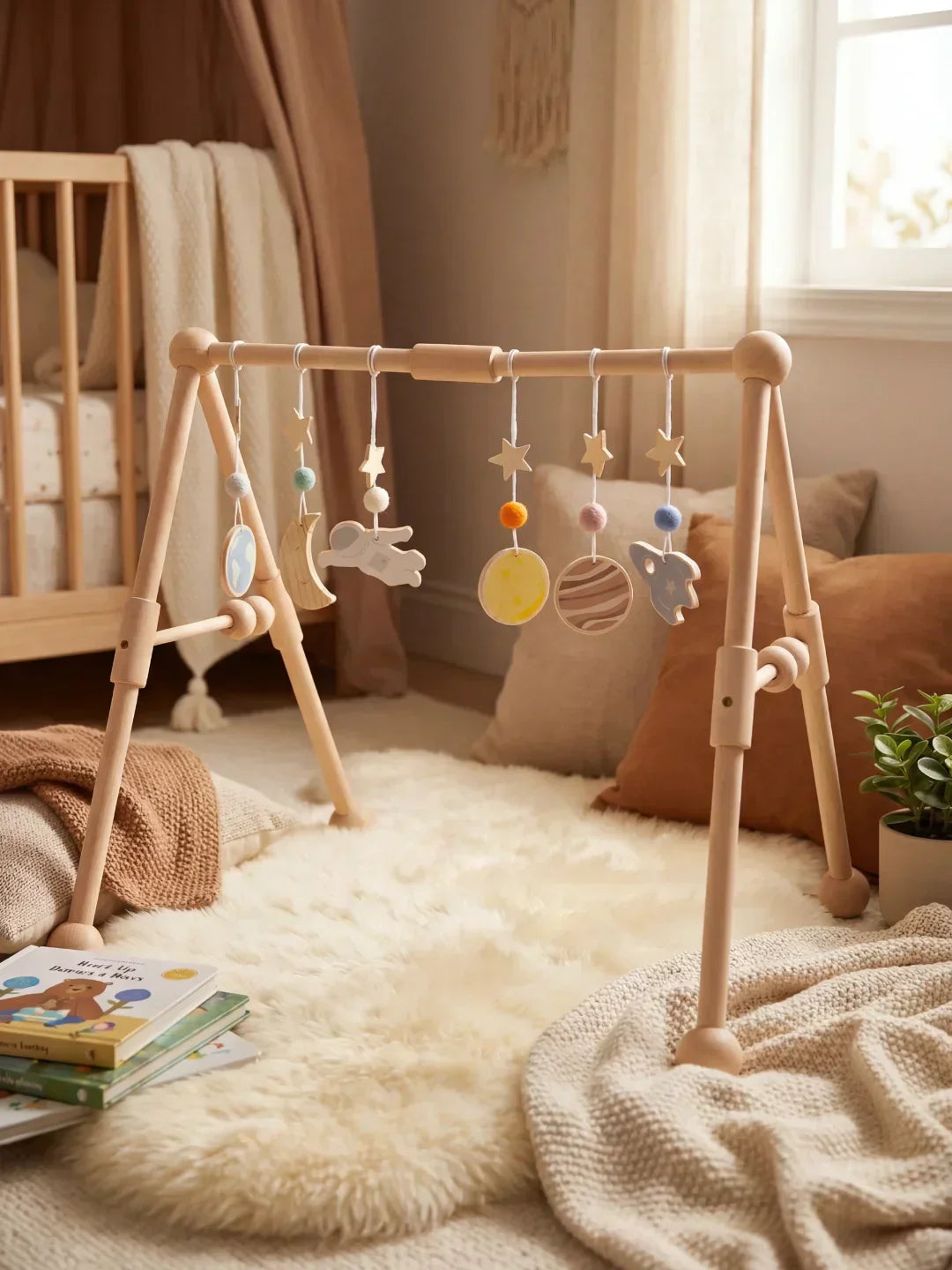Juguete educativo de madera para bebés, arco de juegos sensorial que apoya el desarrollo motor y cognitivo.