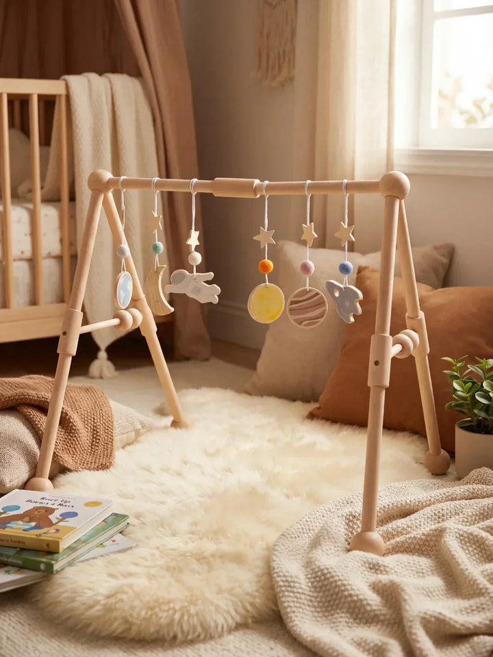 Juguete educativo de madera para bebés, arco de juegos sensorial que apoya el desarrollo motor y cognitivo.
