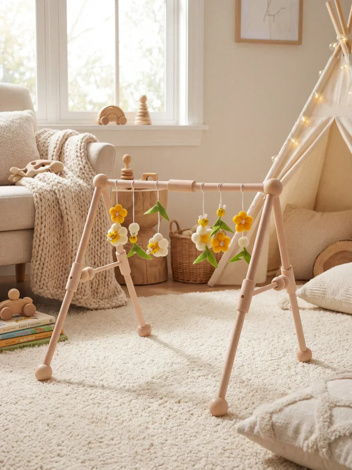 Arco de juegos de madera ecológico para bebés, juguete sensorial que promueve un desarrollo saludable.