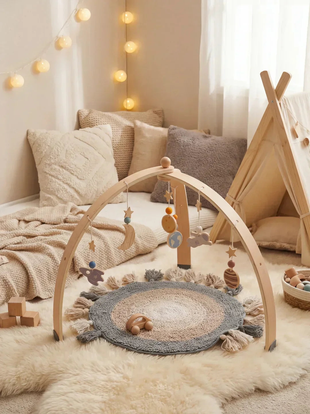 Juguete de madera natural para bebés: gimnasio de actividades con diseño espacial y elementos interactivos.