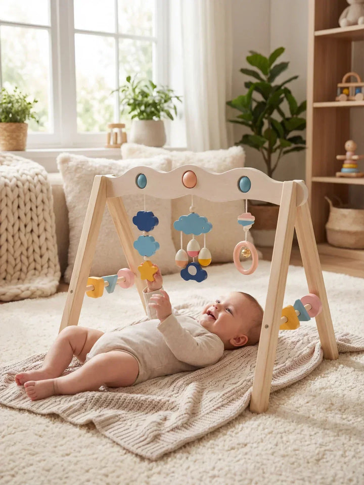 Estimulación temprana con arco de actividades de madera. Gimnasio sensorial que apoya el desarrollo infantil.