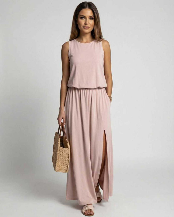 Vestido maxi fluido sin mangas para mujer, ideal para verano, con abertura lateral. Estilo casual y elegante.