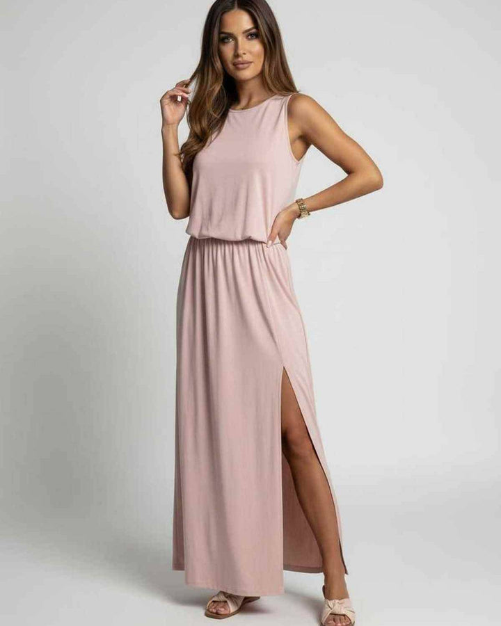 Vestido maxi casual para mujer, moda de verano con estilo relajado. Vestido fluido con abertura lateral.