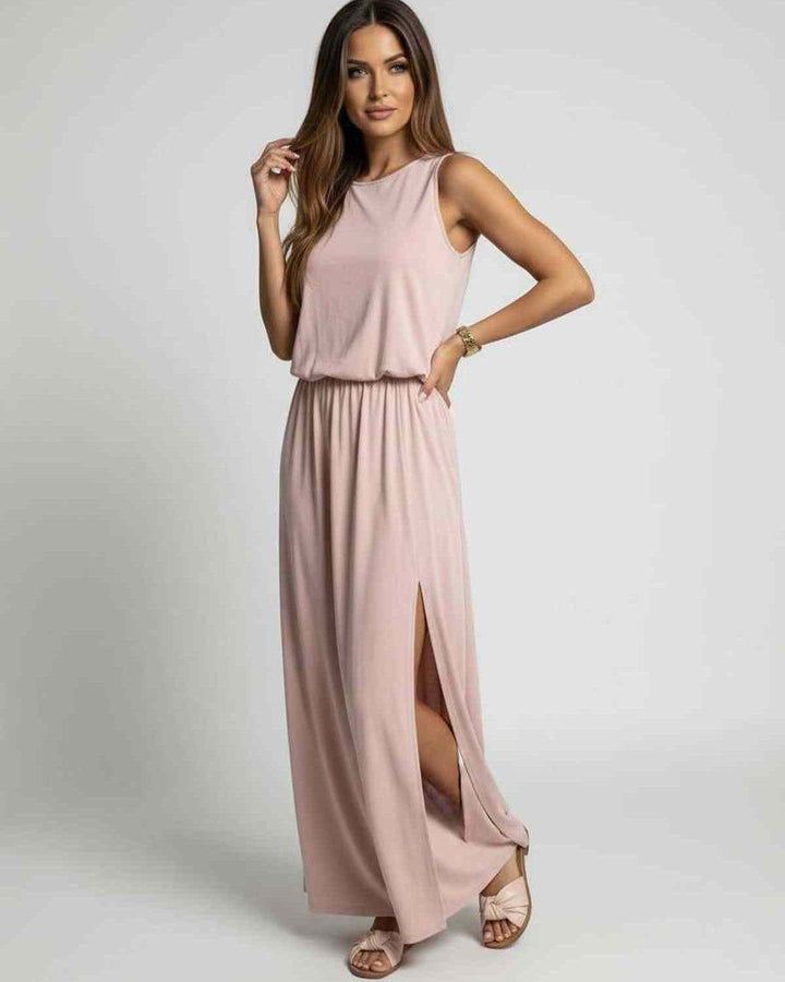 Vestido de verano fluido para mujer, estilo maxi sin mangas. Comodidad veraniega y elegancia para ropa femenina.