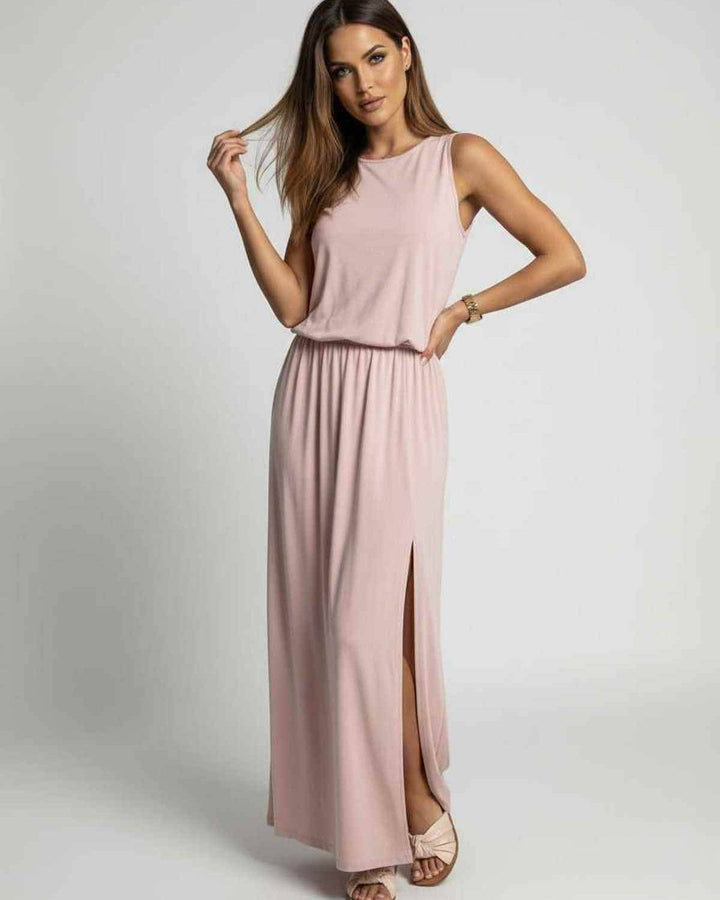 Vestido largo sin mangas para mujer con diseño fluido y abertura lateral, perfecto para días de verano.