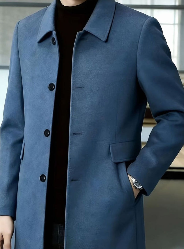 Moda masculina con abrigo de lana cruzado, ropa formal para el frío invierno.