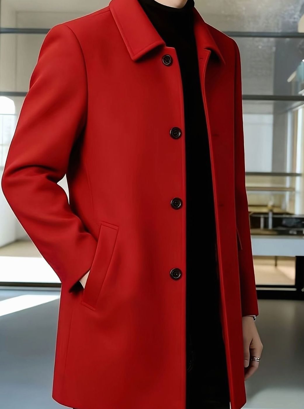 Abrigo de lana cruzado, diseño atemporal, calidez y moda masculina de invierno.