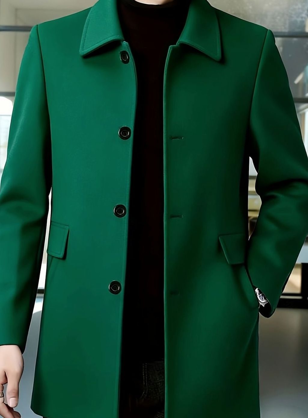 Hombre con abrigo de lana, estilo cruzado para ropa formal o casual smart en invierno.
