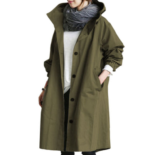 Chubasquero de mujer largo, con capucha y cuello alto. Gabardina impermeable, elegante para días fríos y lluvia.