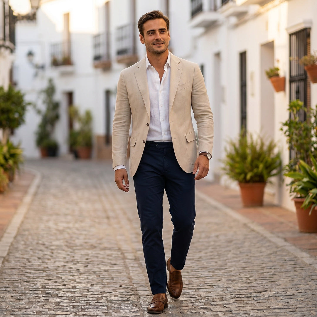 Blazer americana beige ligera para hombre, corte entallado. Elegancia y confort moderno.