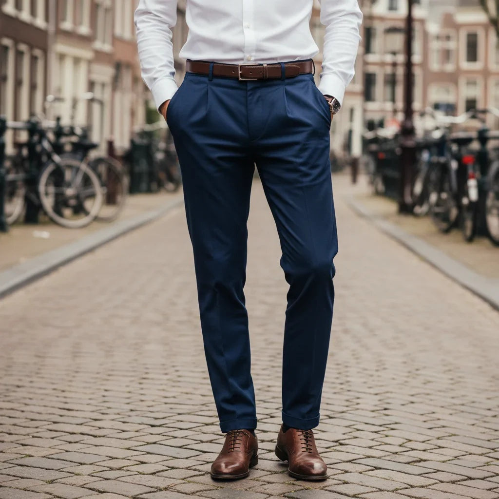 Pantalón de vestir slim fit para hombre con pinzas. Elegante para oficina o look casual de moda masculina.