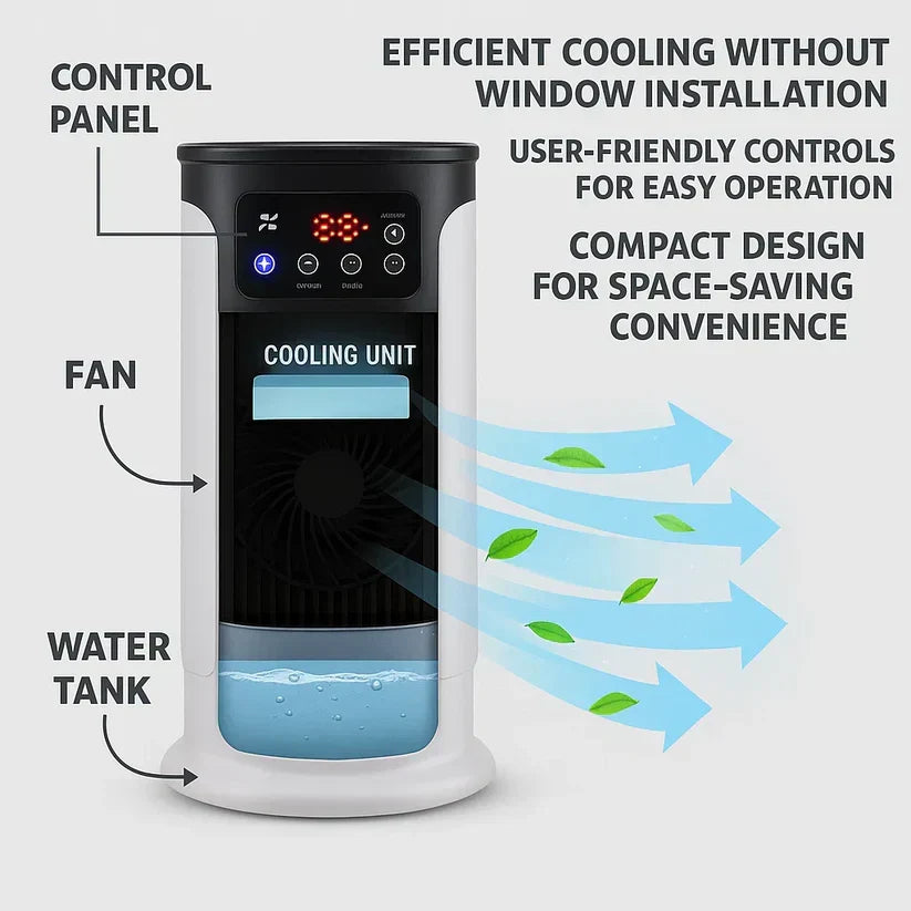 Mini aire acondicionado portátil silencioso y eficiente. Ideal para enfriar habitaciones sin ventanas.